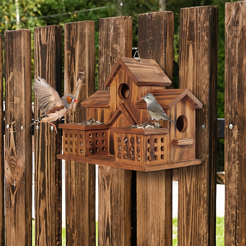 Compact Wooden Birdhouse with Feeding Spoon, Hanging Cottage-Style Bird House with Round Openings and Front Feeding Areas for Outdoor Garden Decor