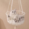 Macrame Cat Hammock in Beige, Hand-Woven Polyester Hanging Basket Bed with Semi-Enclosed Sides and Decorative Tassels for Indoor Lounging