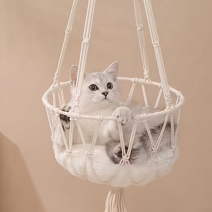 Woven Cat Hammock Bed, Semi-Enclosed Vinyl Hanging Basket for All-Season Lounging, Portable Beige Cat Resting Spot for Small Spaces