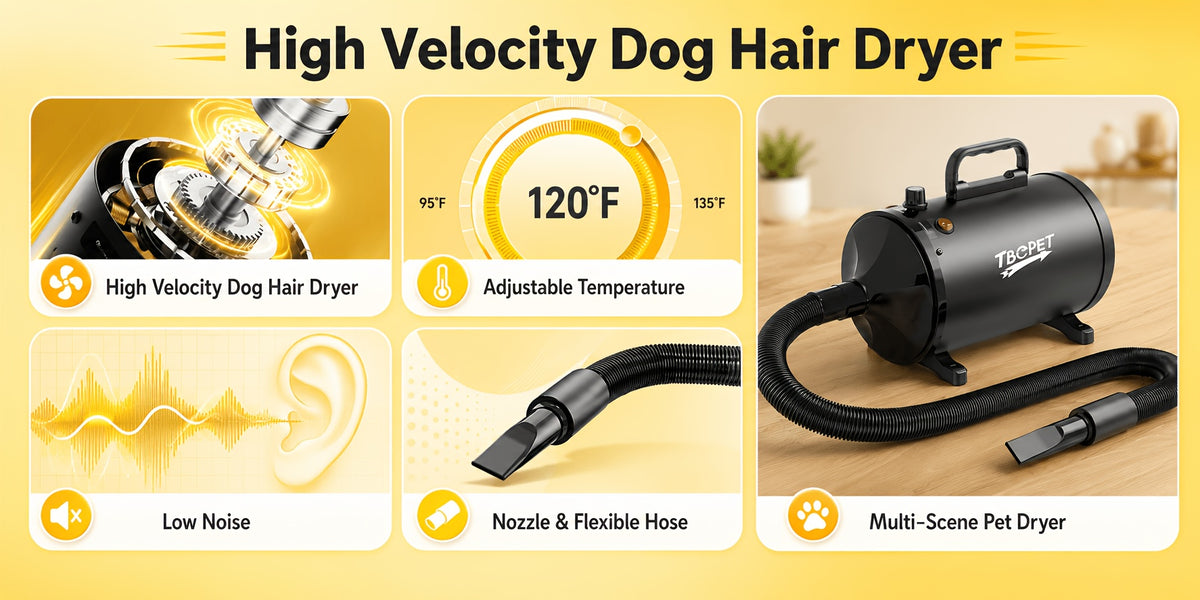 Dog Blow Dryer 2000W with Adjustable Speed and Temperature, Pet Grooming Hair Dryer with 4 Nozzles and Extendable Hose in Four Colors