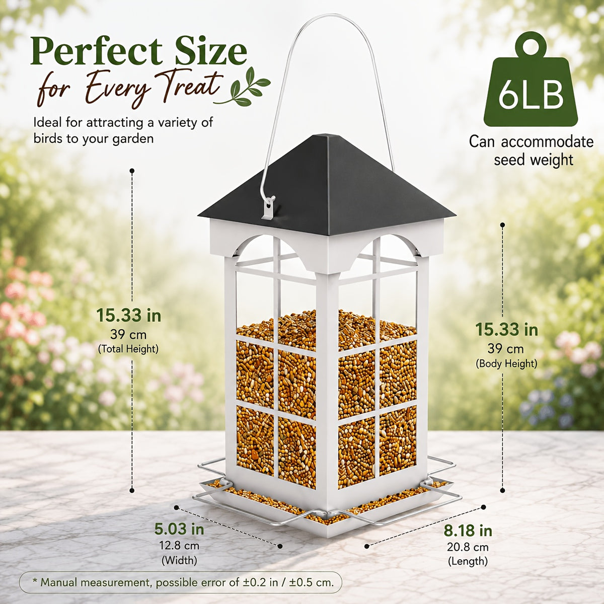 Weight-Activated Bird Feeder for Outdoors, Metal Hanging Wild Bird Feeder with Listed 5 lb Capacity and Dual-Sided Squirrel-Deterrent Design