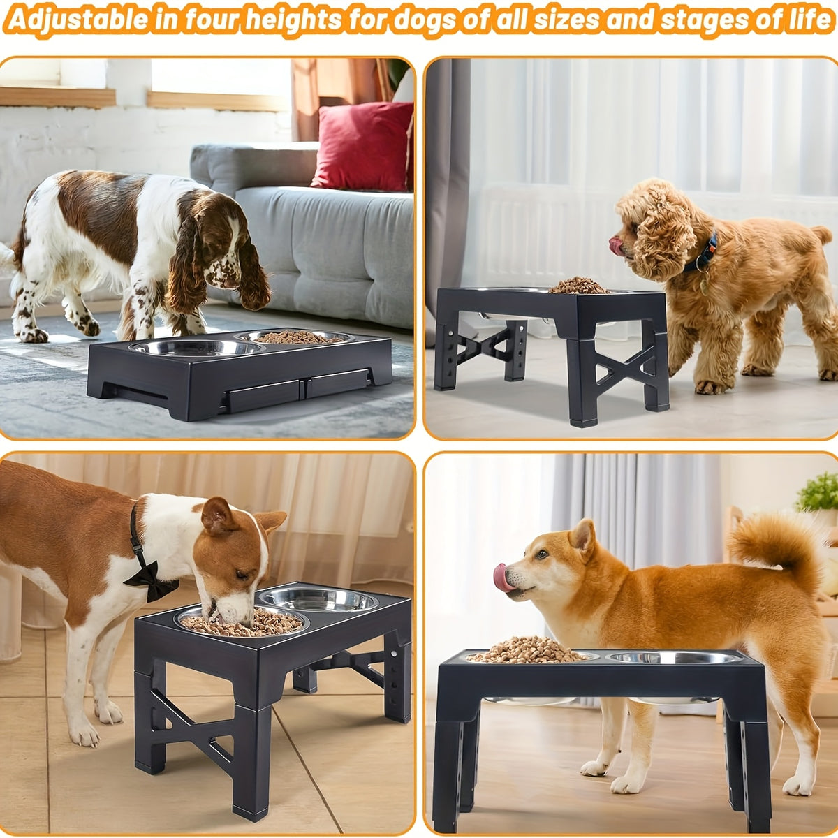 5-Height Dog Bowl Set with Foldable Adjustable Stand, Slow Feeder and Stainless Steel Bowl for Medium and Large Dogs, Black or Pink