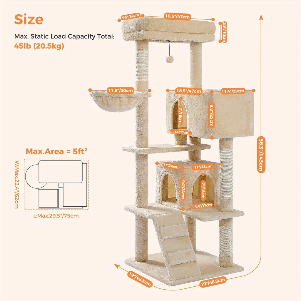 Cat Tree with Oversized Top Perch, 56.3 Inch Multi-Level Indoor Cat Tower with Hammock, Two Condo Hideaways and Scratching Posts, Five Colors