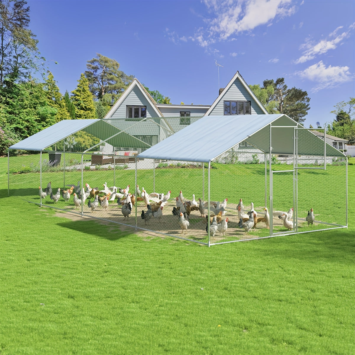 Outdoor Chicken Coop with Double Doors and UV Protection Cover, Large Metal Walk-In Poultry Run for Backyard Hens, Five Size Options