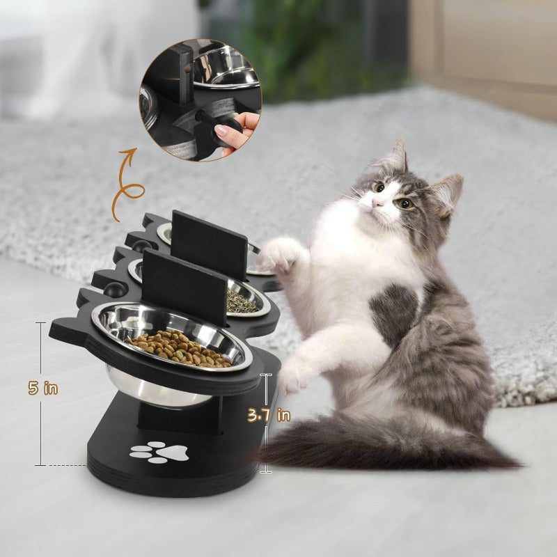 Elevated Cat Bowls with Black Wooden Stand, 15 Degree Tilted Adjustable Feeder with 2 or 3 Stainless Steel Dishes for Cat and Small Dog Food and Water