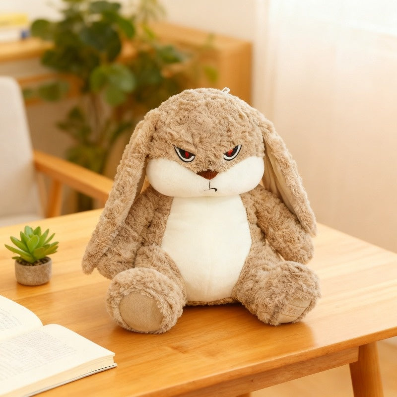 Bunny Plush Pet Toy with Grumpy Face, 13.35-Inch Long-Eared Stuffed Rabbit with Soft Textured Fur for Supervised Cat and Dog Companion Play