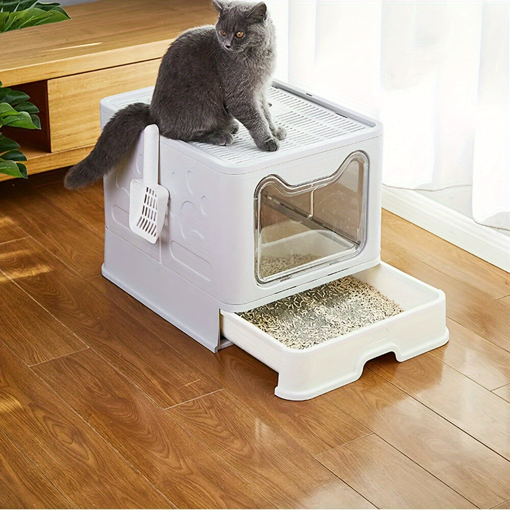 Foldable Cat Litter Box with Drawer Tray and Scoop, Large Plastic Top-Entry Kitty Toilet with Perforated Lid for Indoor Cat Potty Care
