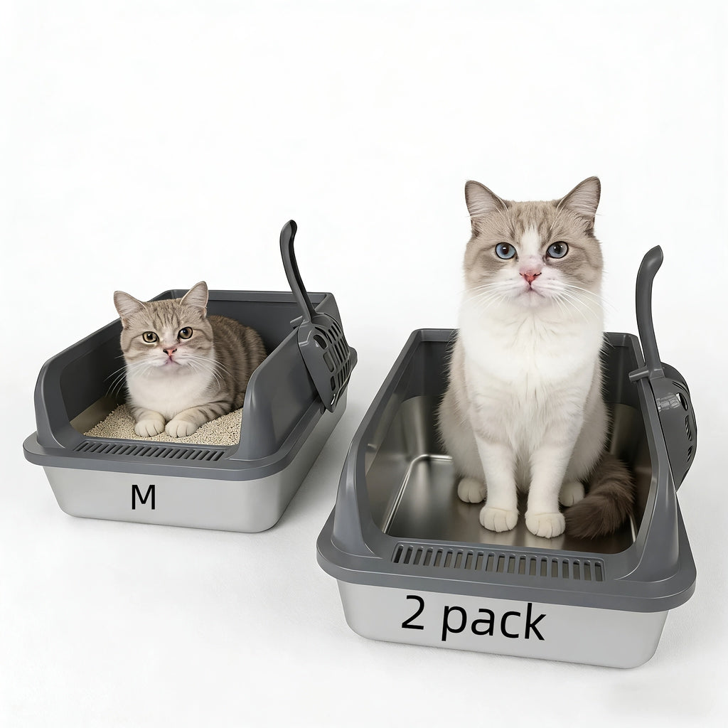 Stainless Steel Litter Box 2 Pack with High-Sided Open-Top Covers and Scoops, Easy-Clean Metal Cat Litter Pans in L or XL for Indoor Cat Care