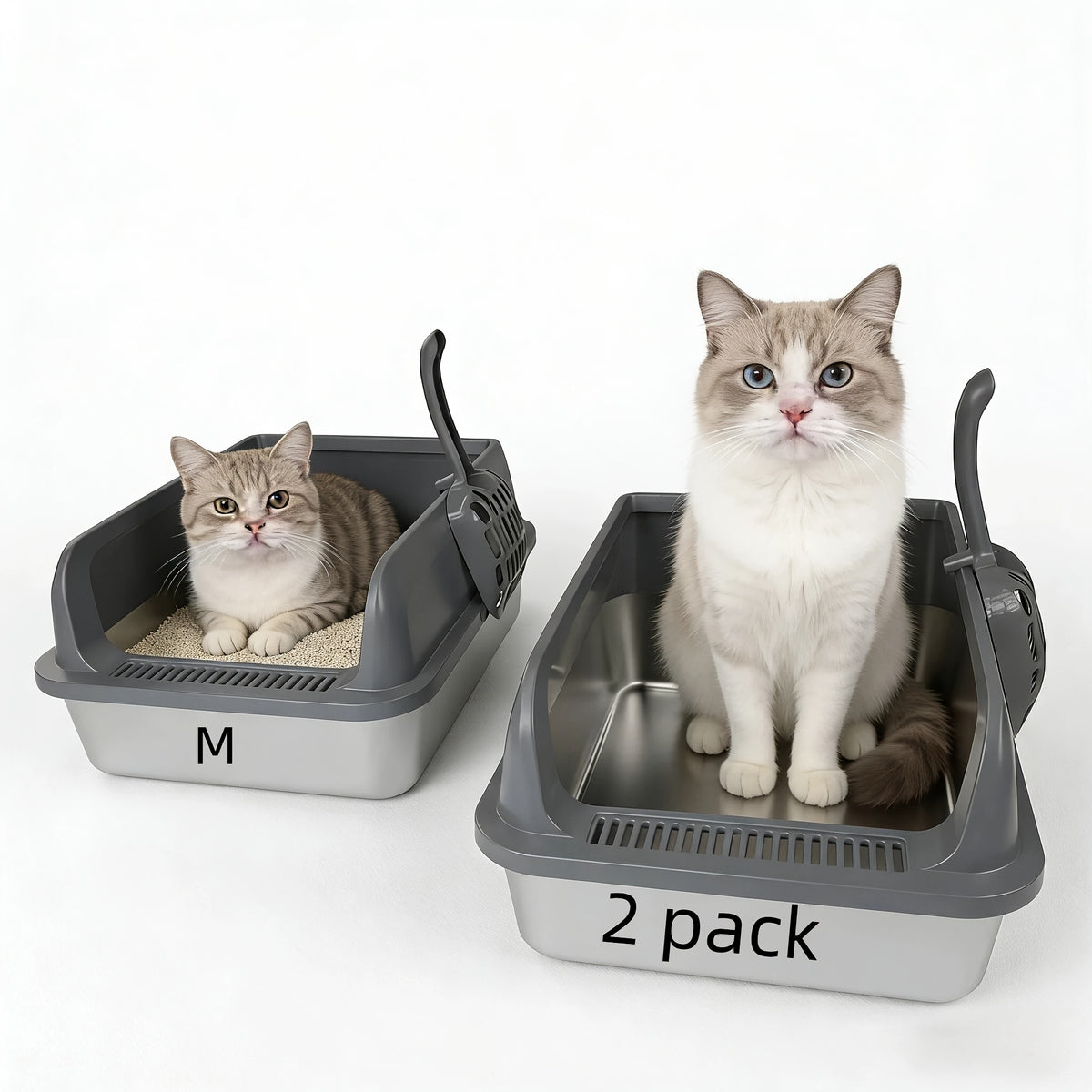 Stainless Steel Litter Box 2 Pack with High-Sided Open-Top Covers and Scoops, Easy-Clean Metal Cat Litter Pans in L or XL for Indoor Cat Care