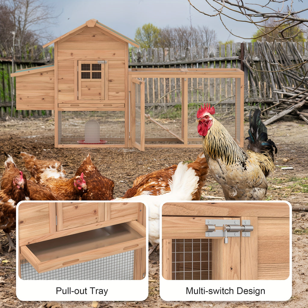 Wooden Chicken Coop with Run and Nesting Box, 80.7 Inch Fir Wood Outdoor Hen House with Ramp, Removable Cleaning Tray and Green Asphalt Roof