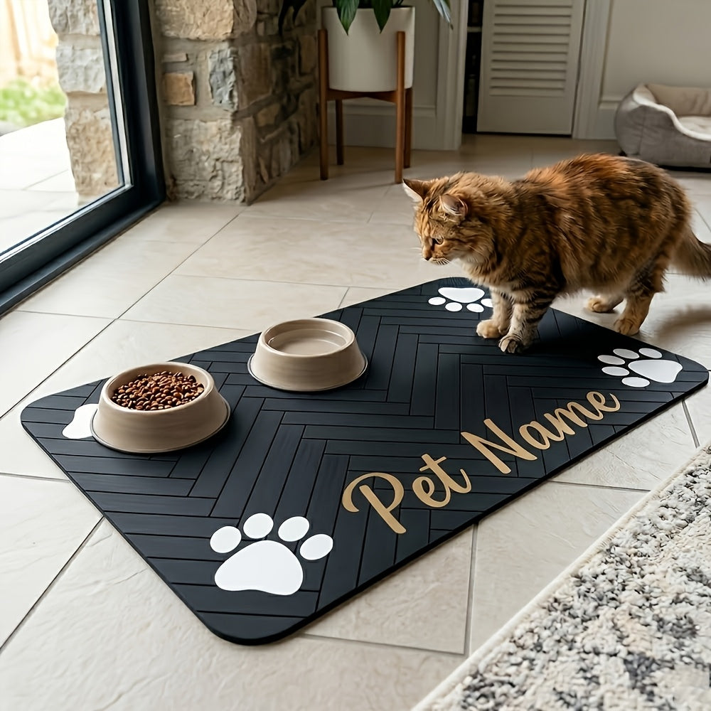 Personalized Pet Feeding Mat with Custom Name or Text, Non-Slip Absorbent Paw Print Bowl Mat for Indoor Dog and Cat Food Stations, Three Size Options
