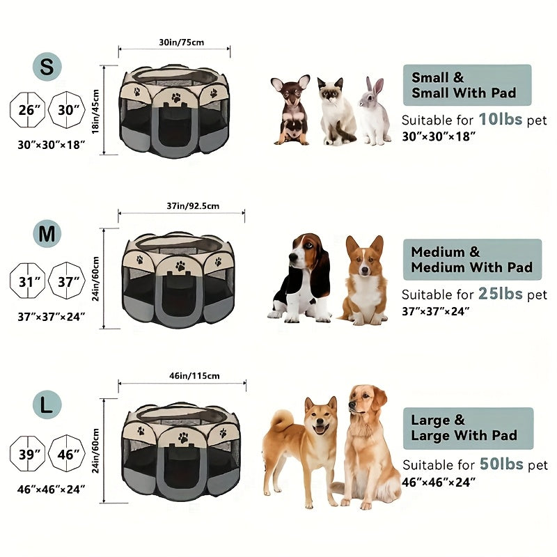 Puppy Playpen for Small Dogs and Kittens, 30-Inch Foldable Oxford Cloth Pet Tent in Beige and Gray for Indoor Play, Outdoor Travel and Camping