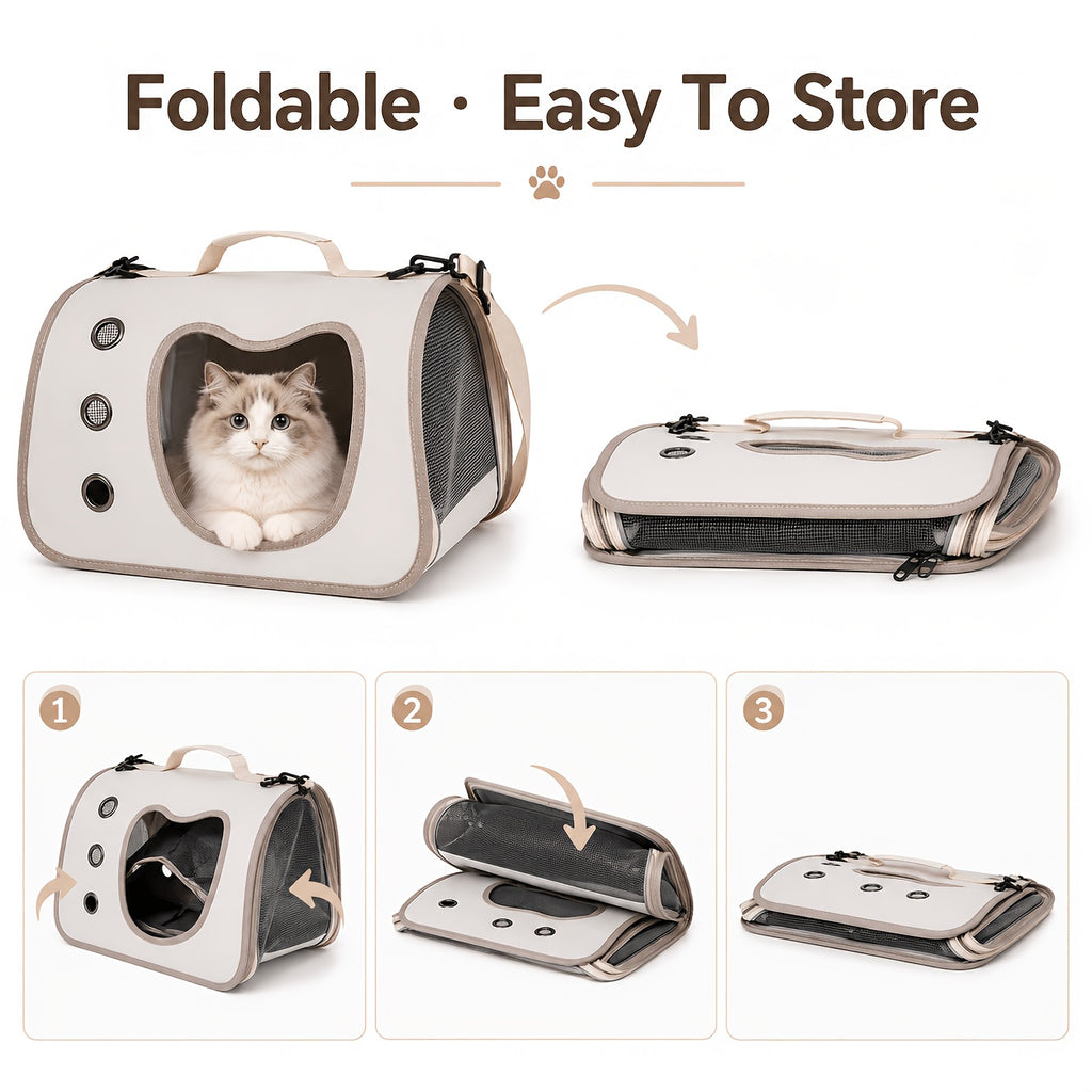 Cat Carrier with Cat-Face Viewing Window, Foldable Pet Travel Bag with Mesh Ventilation and Adjustable Shoulder Strap for Kittens and Small Dogs