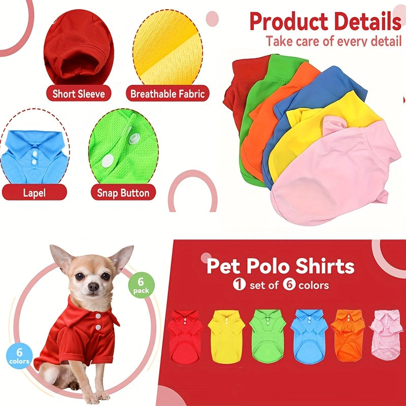 Collared Dog Shirts 6 Pack, Breathable Polo T-Shirts for Small and Medium Dogs and Cats, XS to XL Pet Clothing for Daily Outfits and Photos