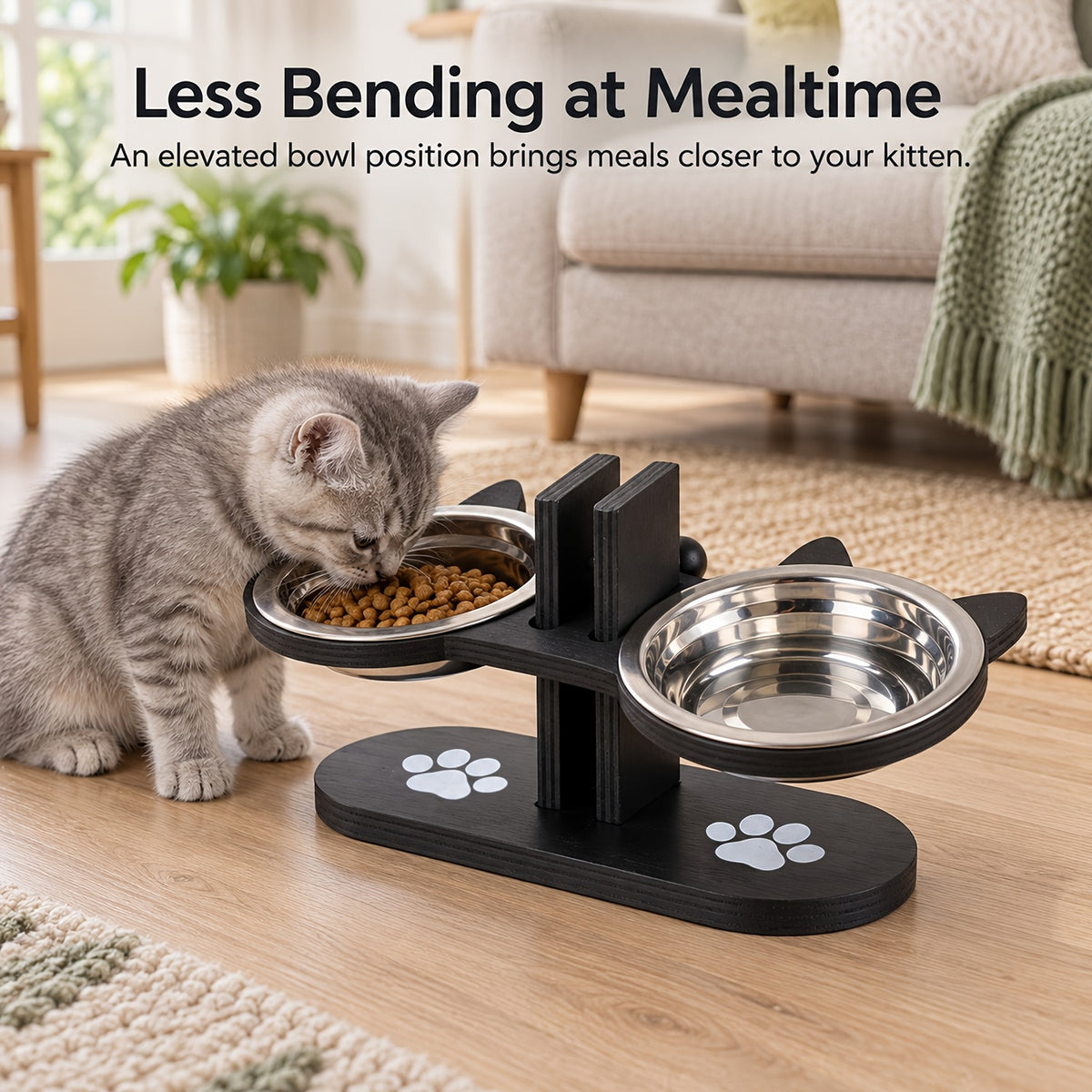 Double Cat Bowl Stand with Two Stainless Steel Dishes, 15 Degree Tilted Adjustable Black Wooden Feeder for Cat and Small Dog Food and Water