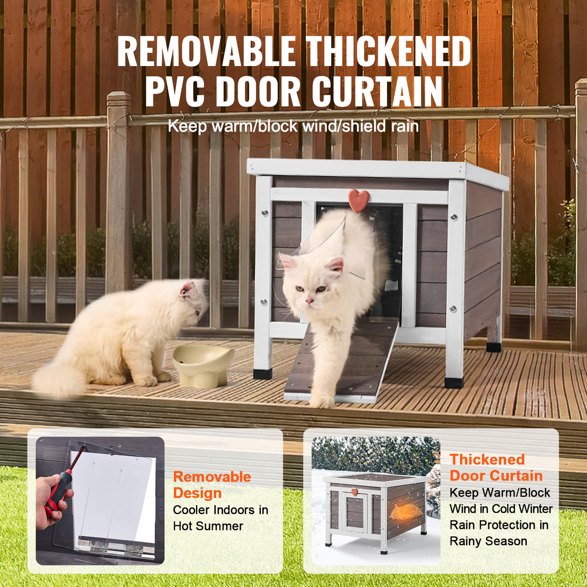 Fir Wood Outdoor Cat House with Asphalt Roof, Acrylic Window and Removable PVC Door Flaps, 20 or 24 Inch Feral Cat Shelter with Cleaning Access