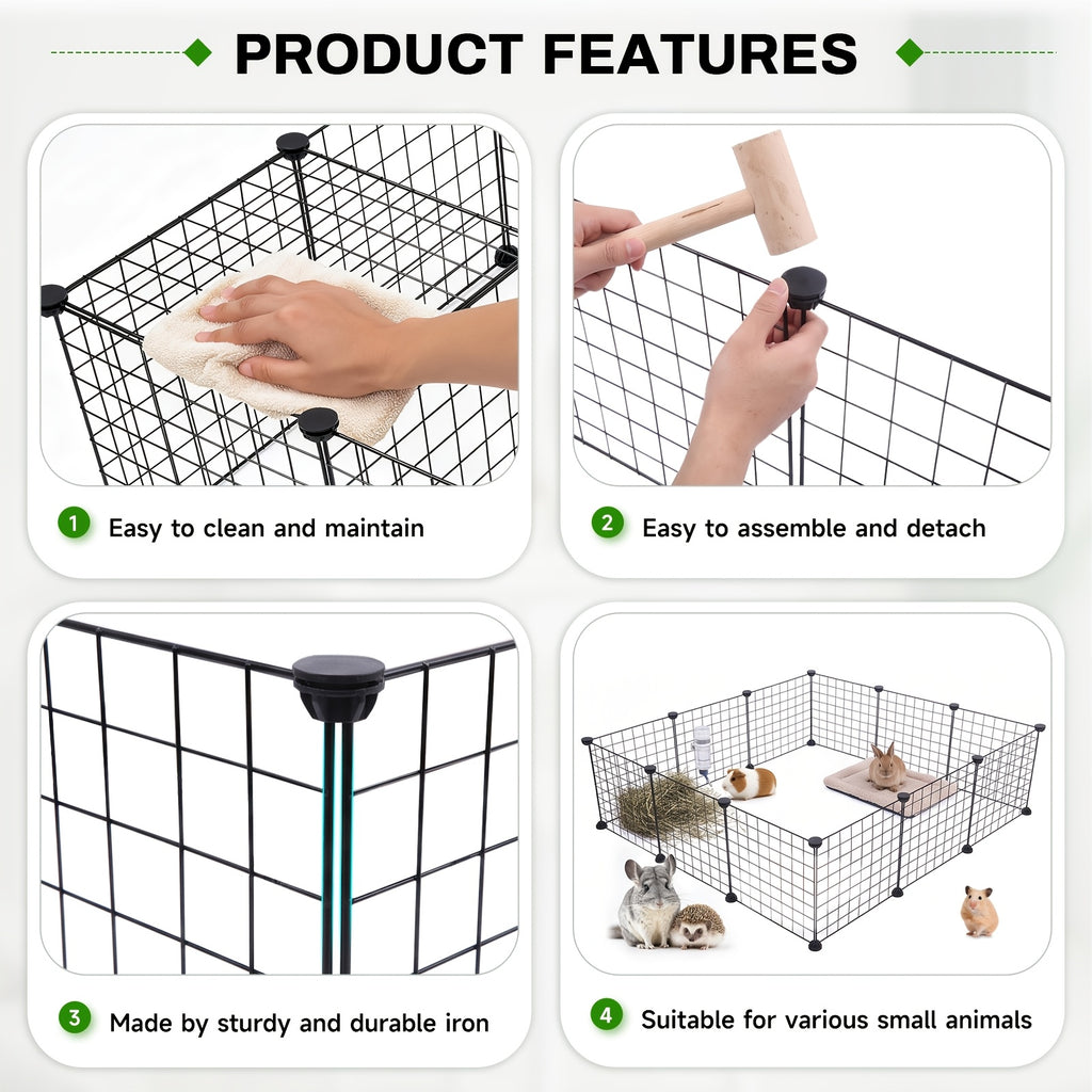 Small Animal Playpen with 12 Modular Wire Panels, Black Indoor Exercise Fence with ABS Connectors and Mallet for Supervised Pet Exploration