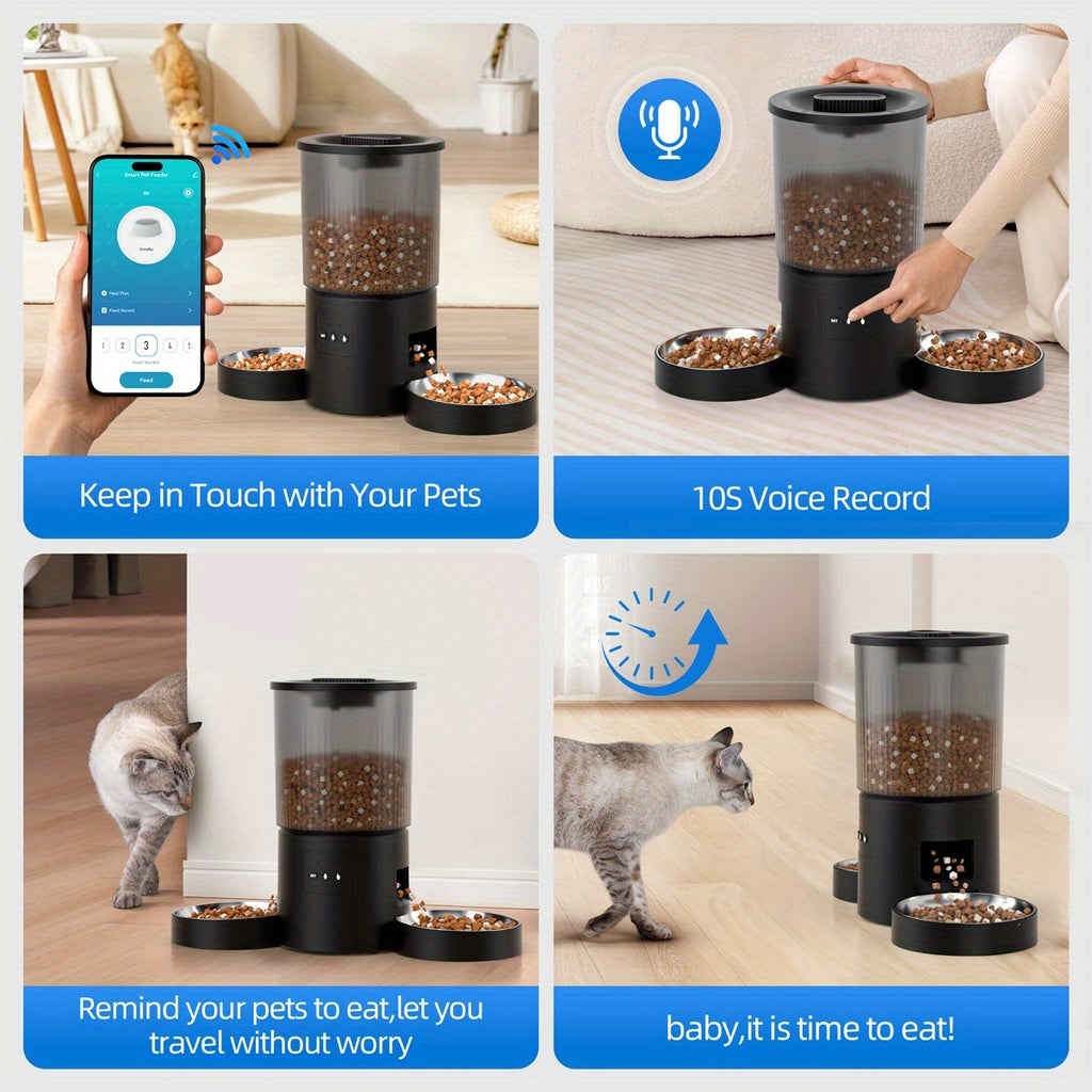 Automatic Cat Feeder for Two Cats, 4.5L WiFi App-Controlled Dry Food Dispenser with Double Bowls and Timed Feeding for Multi-Pet Homes