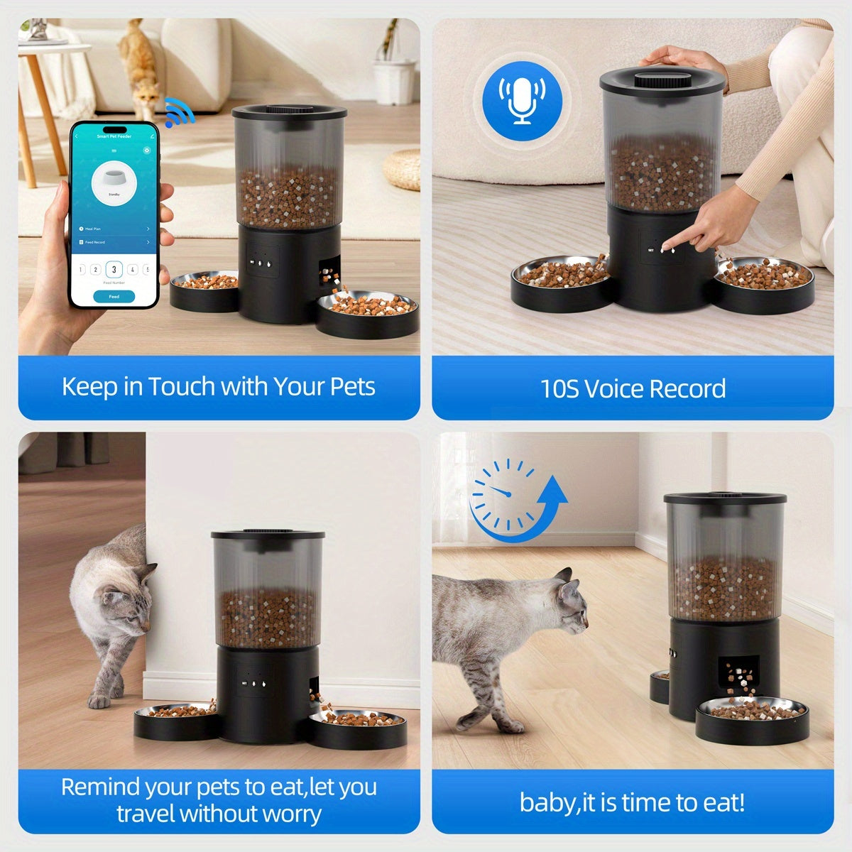 Automatic Cat Feeder for Two Cats, 4.5L WiFi App-Controlled Dry Food Dispenser with Double Bowls and Timed Feeding for Multi-Pet Homes