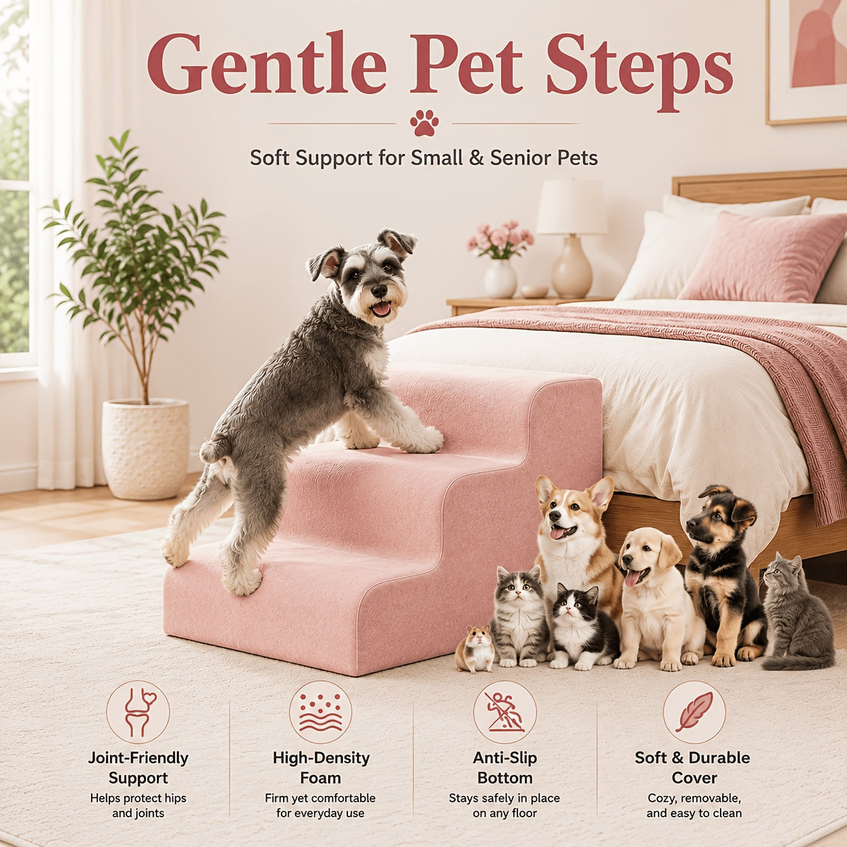 Dog Stairs for Bed with Dutch Velvet, Non-Slip Pet Steps for Small and Senior Dogs, 2/3/4-Step Options for Sofa and Couch, Gray or Pink