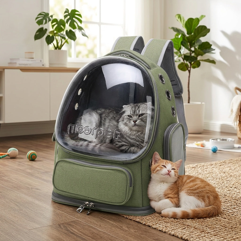 Oxford Cat Backpack Carrier with Pet Collar, Breathable Travel Bag for Small to Medium Cats and Dogs, Safety Zippers and Durable Straps, Green Gray or Khaki