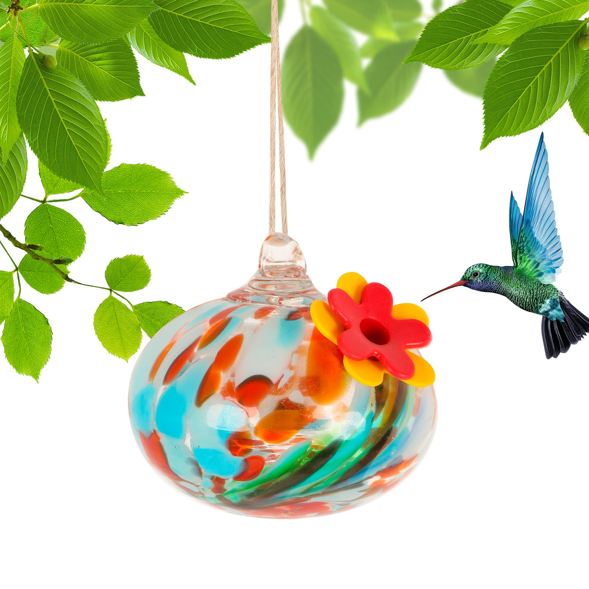 Hanging Glass Hummingbird Feeder with Flower Port, Colorful Round Nectar Ornament for Garden, Patio and Terrace Decor, Bird Lover Gift