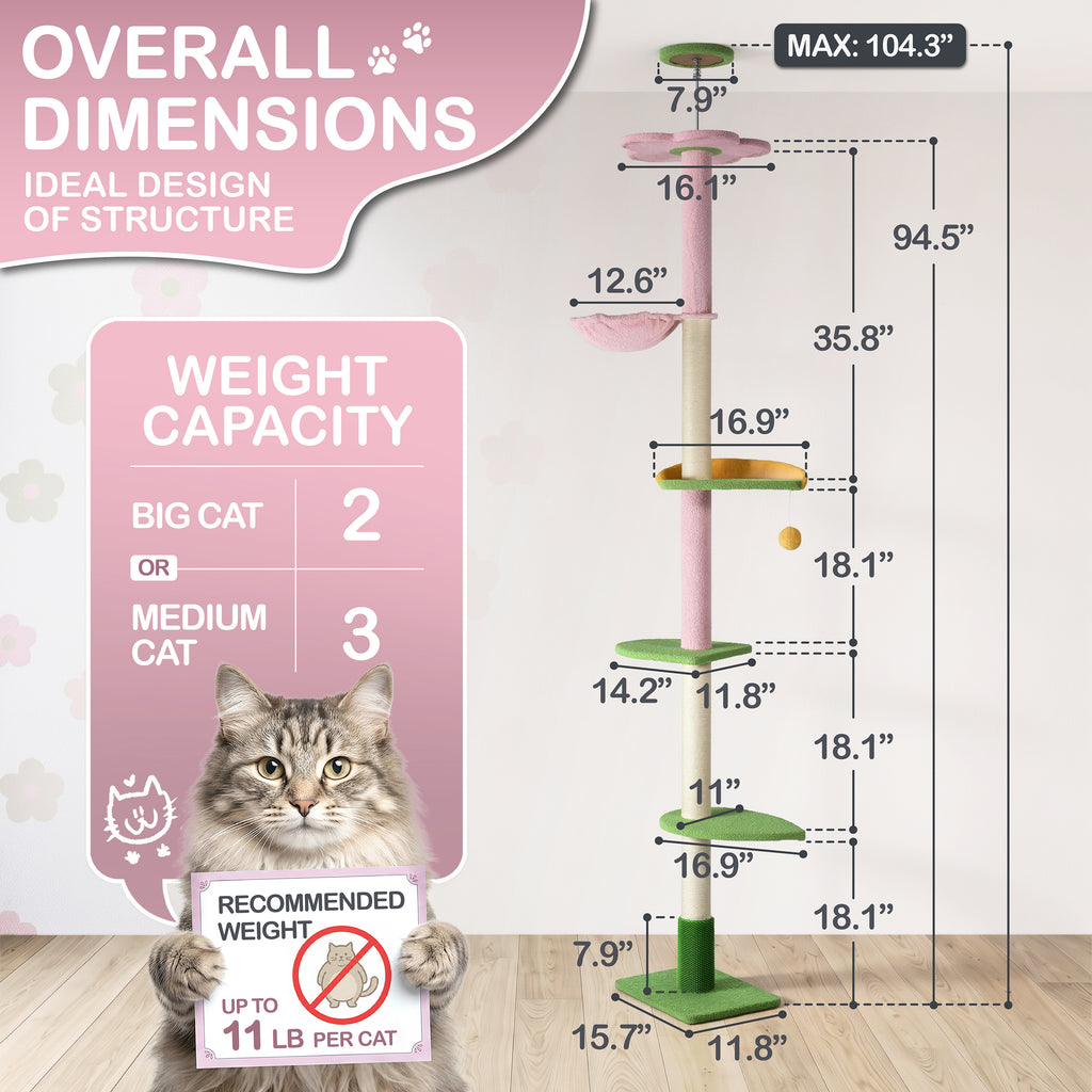 Floor to Ceiling Cat Tree with Hammock, Adjustable Cactus Cat Tower with Sisal Scratching Post, Faux-Fur Platforms and Interactive Playball for Indoor Cats