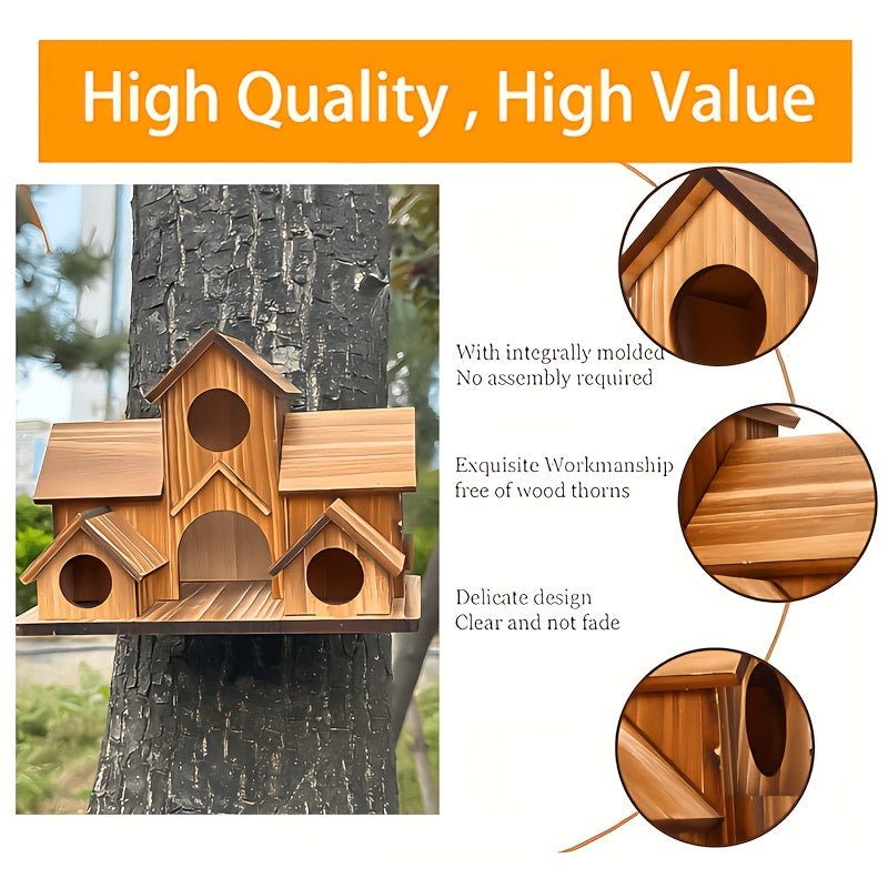 Rustic Outdoor Birdhouse in Dark Brown, Wooden Country Cottage Design with Multiple Entry Openings and Pitched Roofs for Garden and Yard Decor