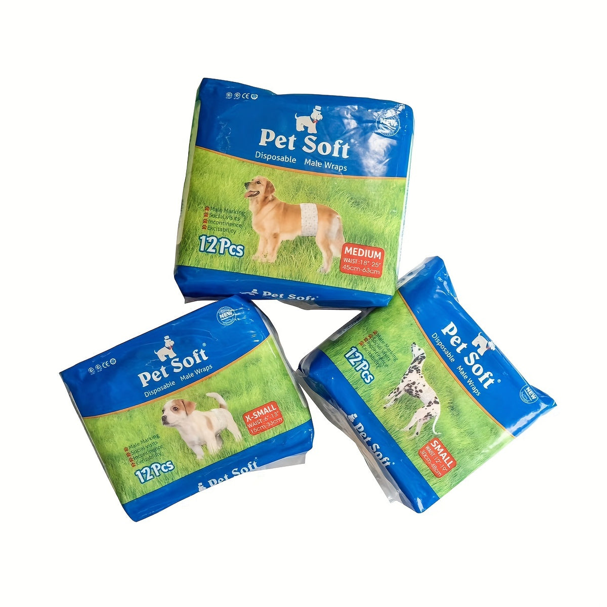 Disposable Dog Diapers 12 Pack with Adjustable Fasteners, Absorbent Male and Female S or M Options for Puppy Training, Senior Dog Accidents and Travel