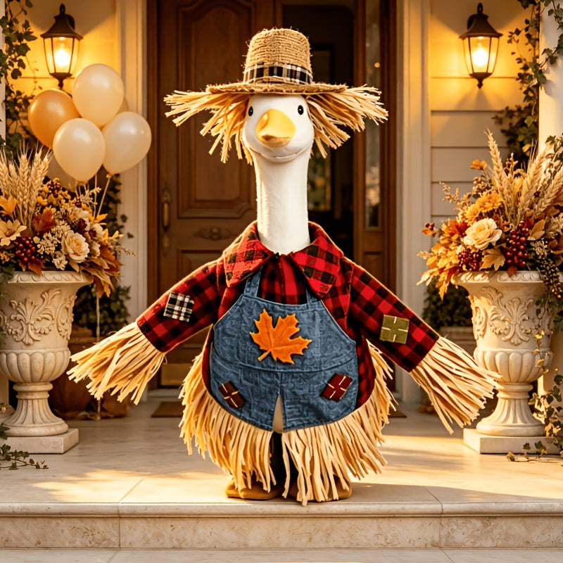 Thanksgiving Porch Goose Outfit for 23-Inch Statues, Scarecrow Costume with Red Plaid Shirt, Maple Leaf Denim Suspenders and Straw Hat