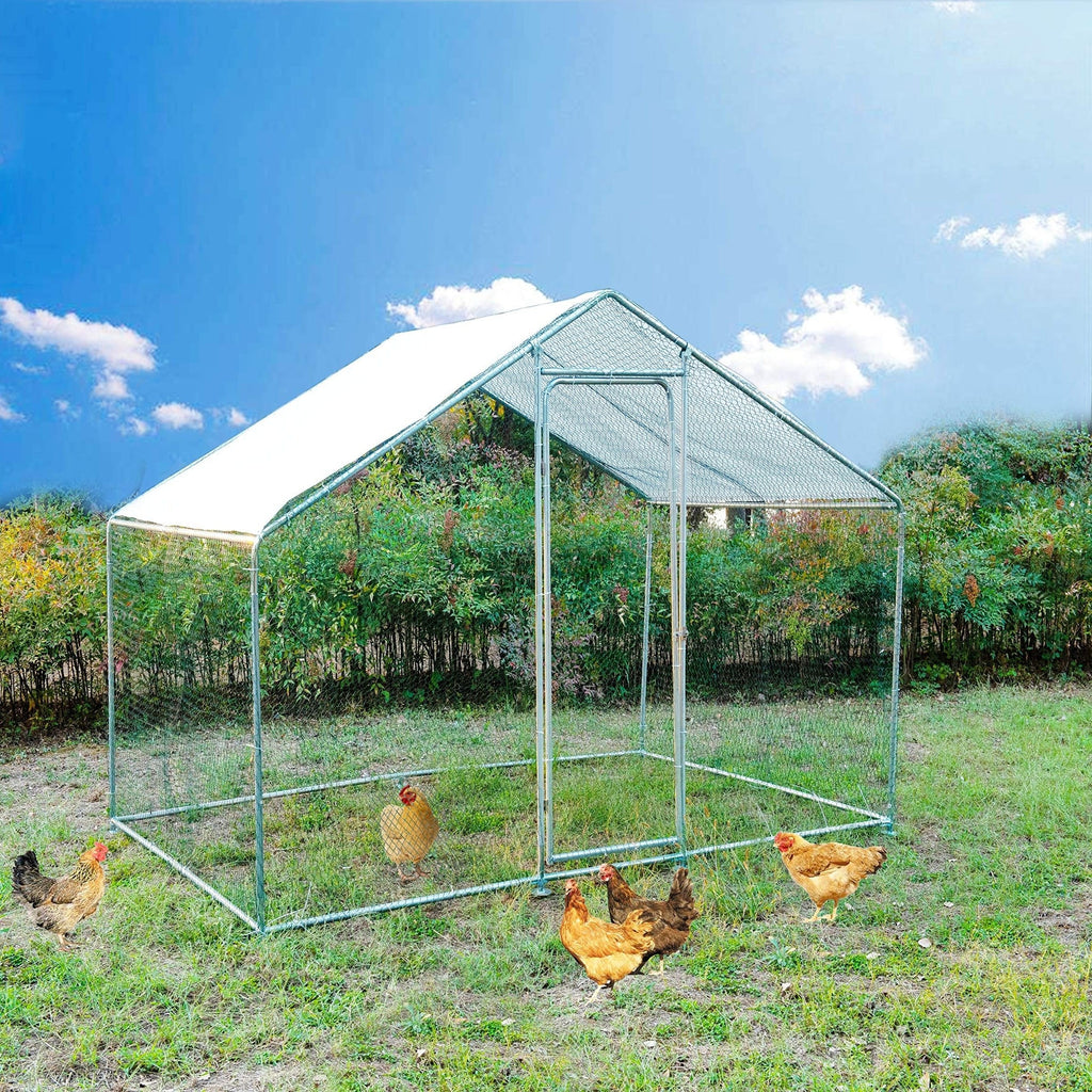 Walk-In Chicken Coop with Lockable Door, Galvanized Metal Poultry Run and UV-Resistant Cover for Backyard Hens, 118.1 x 78.7 x 78.7 Inches