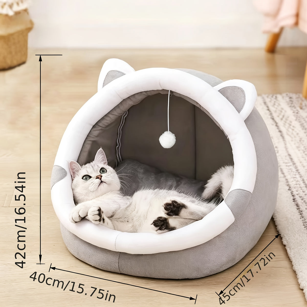 Cartoon Cat Cave Bed and Sleeping House, Cozy Indoor Kitty Hideaway for Curling Up and Resting, Large 16.34 x 16.34 x 13.78 Inches