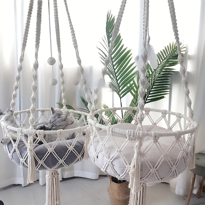 Rope Cat Hammock Hand-Woven Hanging Basket Bed for Indoor Resting, Round Pet Swing Nest in 15.75 or 11.81 Inch Diameter for Lounging