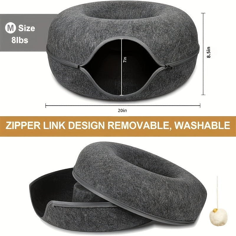 Cat Cave Tunnel Bed with Pom-Pom Ball, All-Season Donut Hideaway for Indoor Cat Rest and Play, 20 or 24 Inch Options in Dark Gray and Light Gray
