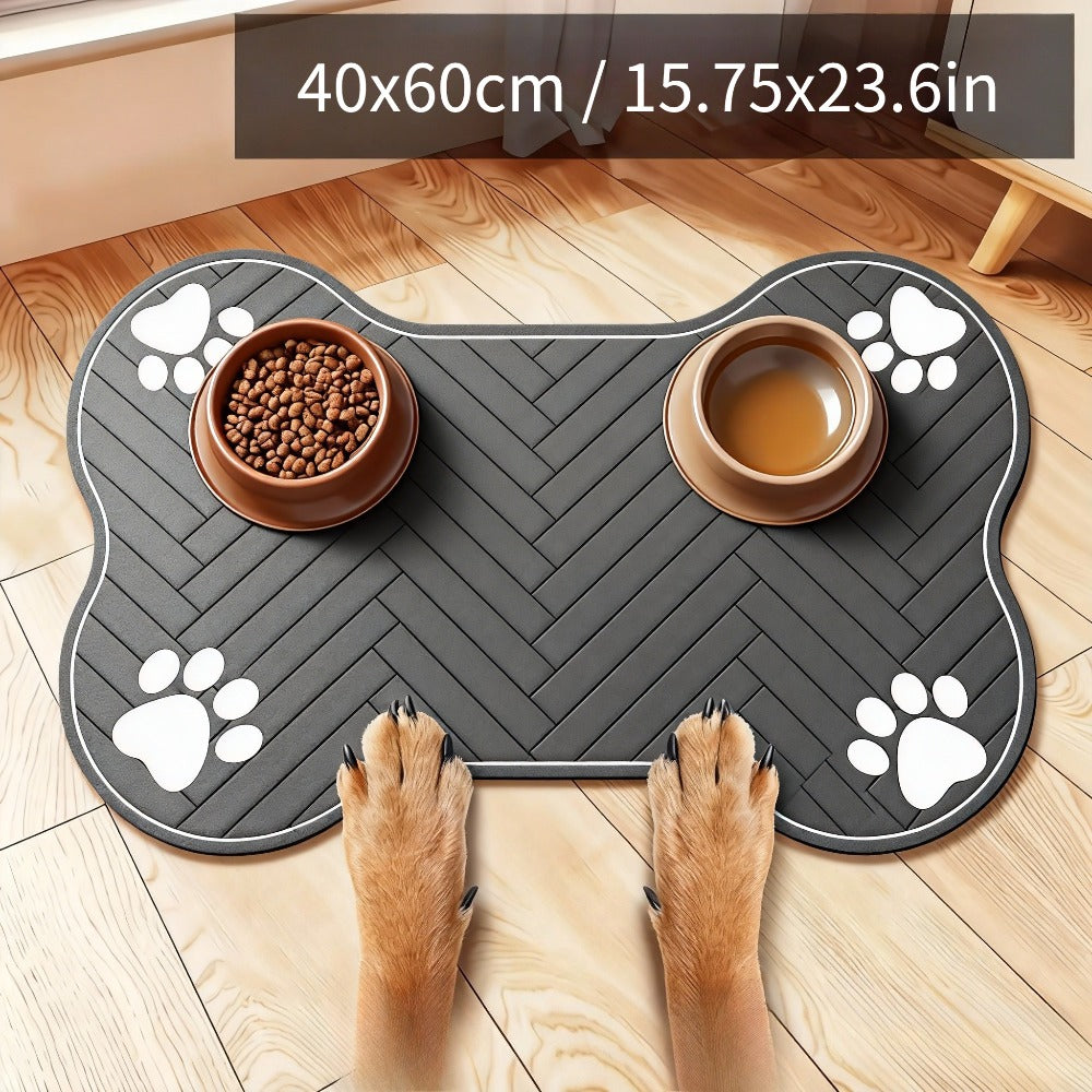 Dog Bowl Mat with Rubber Backing, Absorbent Non-Slip Pet Feeding Pad for Cat and Dog Food and Water Bowls, Two Sizes and Three Footprint Styles