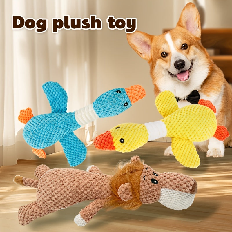 Random Animal Plush Dog Toy, One Squeaky Textured Companion for Supervised Gentle Play, Assorted Octopus, Goose, Wolf, Lion or Elephant Style