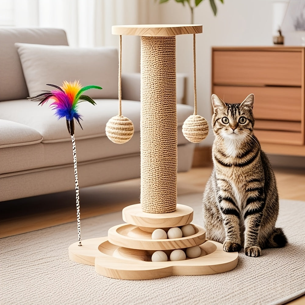 4-in-1 Cat Scratching Post with Wooden Ball Track, Sisal Scratcher with Six Wooden Balls, Feather Teaser and Hanging Toys for Indoor Cats