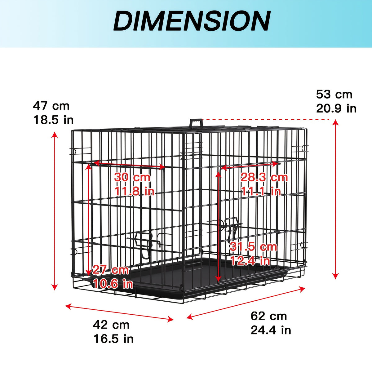 Foldable Dog Crate with Divider Panel, Metal Wire Pet Kennel with Plastic Pan in 18, 24, 30 or 36 Inch Length Options, Black, Blue and Pink Styles