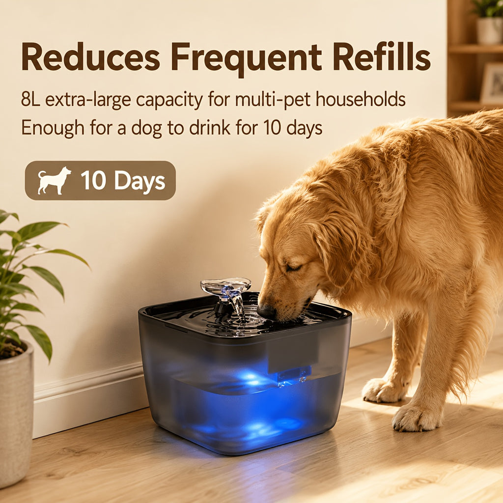 Automatic Pet Water Fountain 8L with Dry-Run Protection, Quiet Plastic Drinking Dispenser for Cats and Dogs with Black or Blue Filter Bundles