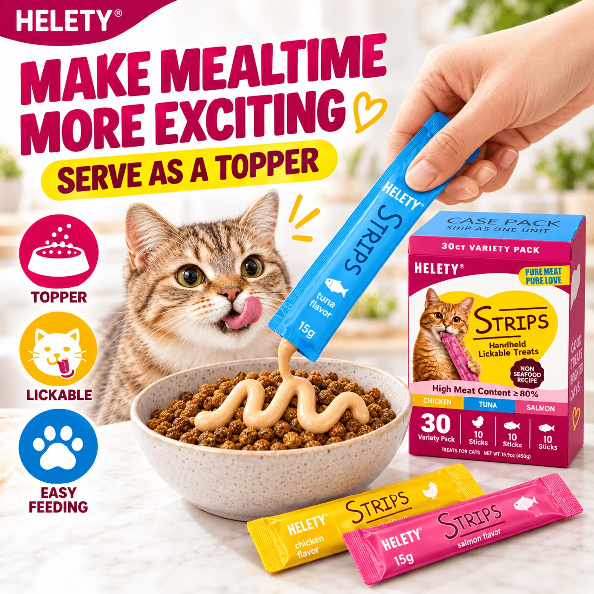 Creamy Lickable Cat Treats 15g, Squeeze Cat Snacks and Food Topper in Tuna, Salmon or Chicken, 10 Count Packs or 30 Count Chicken Option