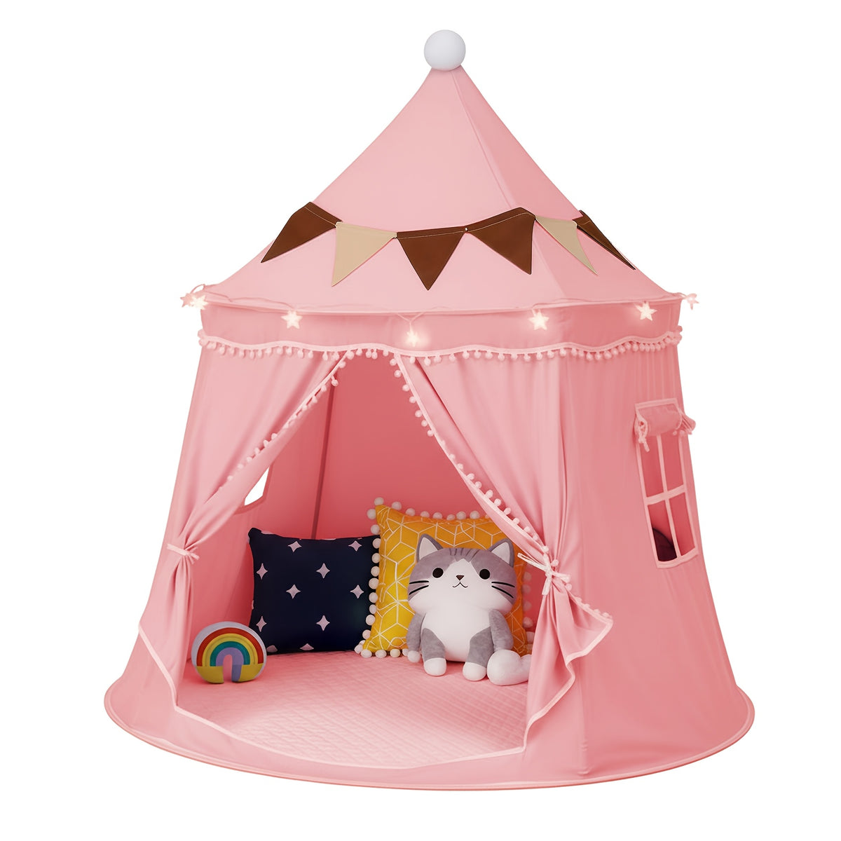 Pop Up Pet Tent for Dogs and Cats, Portable Dome Shelter with No Assembly for Camping and Road Trips, Basic or Mat, Star Lights and Flag Set