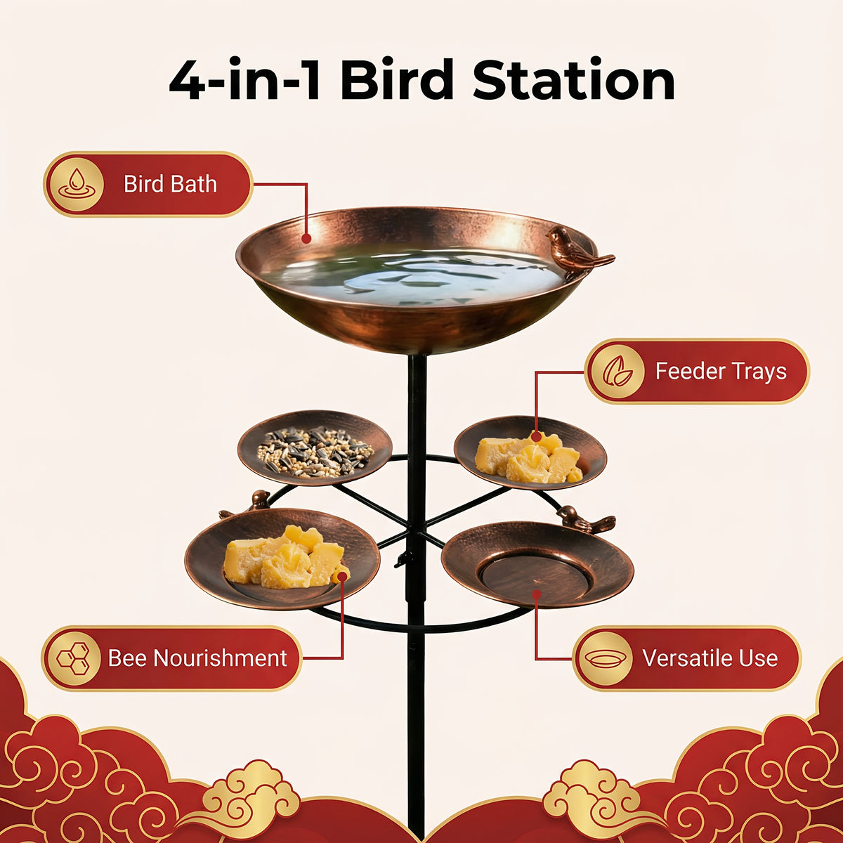Tree-Shaped Bird Bath in Copper Color, Double-Layer Outdoor Water and Feeding Basin Design with Five-Claw Base for Garden, Yard and Courtyard Decor