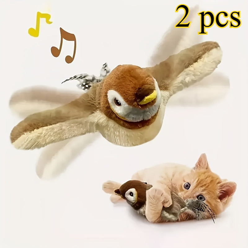Flapping Sparrow Cat Toy 2-Pack with Chirping Sounds and Touch-Activated Motion, Soft Bird Toys for Supervised Kitten and Indoor Cat Play