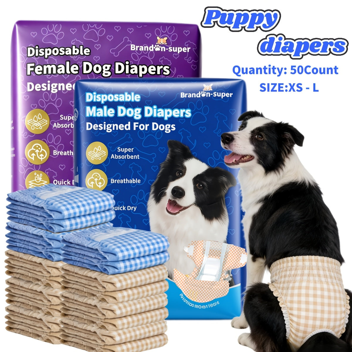 Dog Diapers for Male or Female Dogs, 50 Disposable Absorbent Pet Nappies in XS S M L for Puppy and Senior Dog Indoor Accident Care