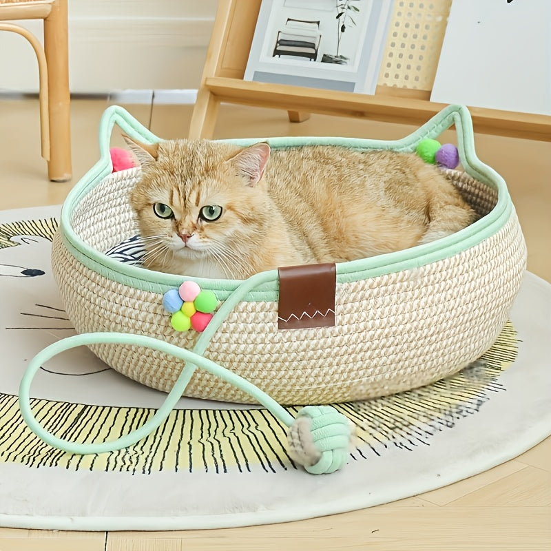Woven Cat Scratcher Bed with Integrated Cat Nest, Rattan Weave Pet Lounger for Indoor Scratching, Rest and Play, Green or Blue for Cats and Small Dogs