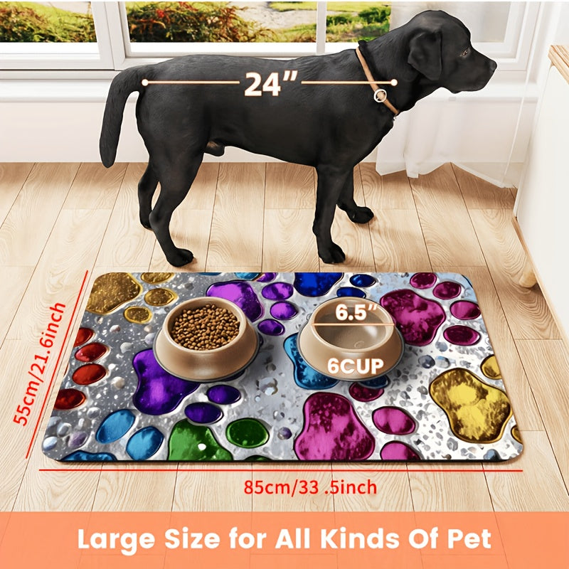 Absorbent Pet Feeding Mat with Colorful Paw Pattern, Quick-Drying Non-Slip Food and Water Bowl Pad for Dogs, Cats and Multi-Pet Homes