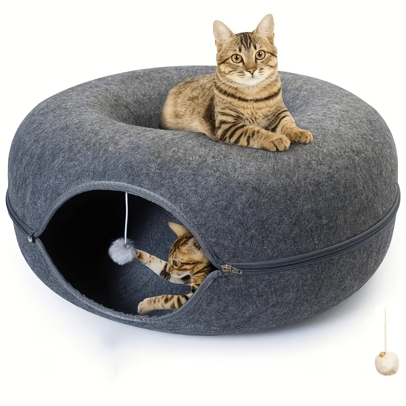 Cat Cave Tunnel Bed with Pom-Pom Ball, All-Season Donut Hideaway for Indoor Cat Rest and Play, 20 or 24 Inch Options in Dark Gray and Light Gray