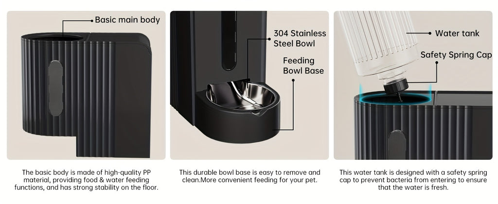 3L Gravity Pet Feeder and Water Dispenser for Cats and Dogs, Stainless Steel Design Without Battery, Black Gray or Blue for Daily Home Care