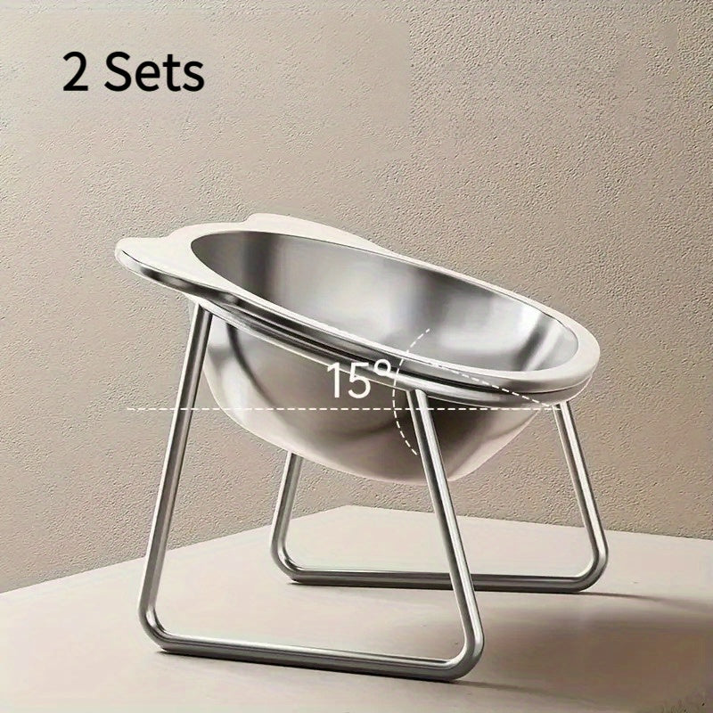 Stainless Steel Cat Ear Bowls with 15 Degree Tilted Elevated Stands, 2 Sets of Raised Pet Dishes for Everyday Food and Water