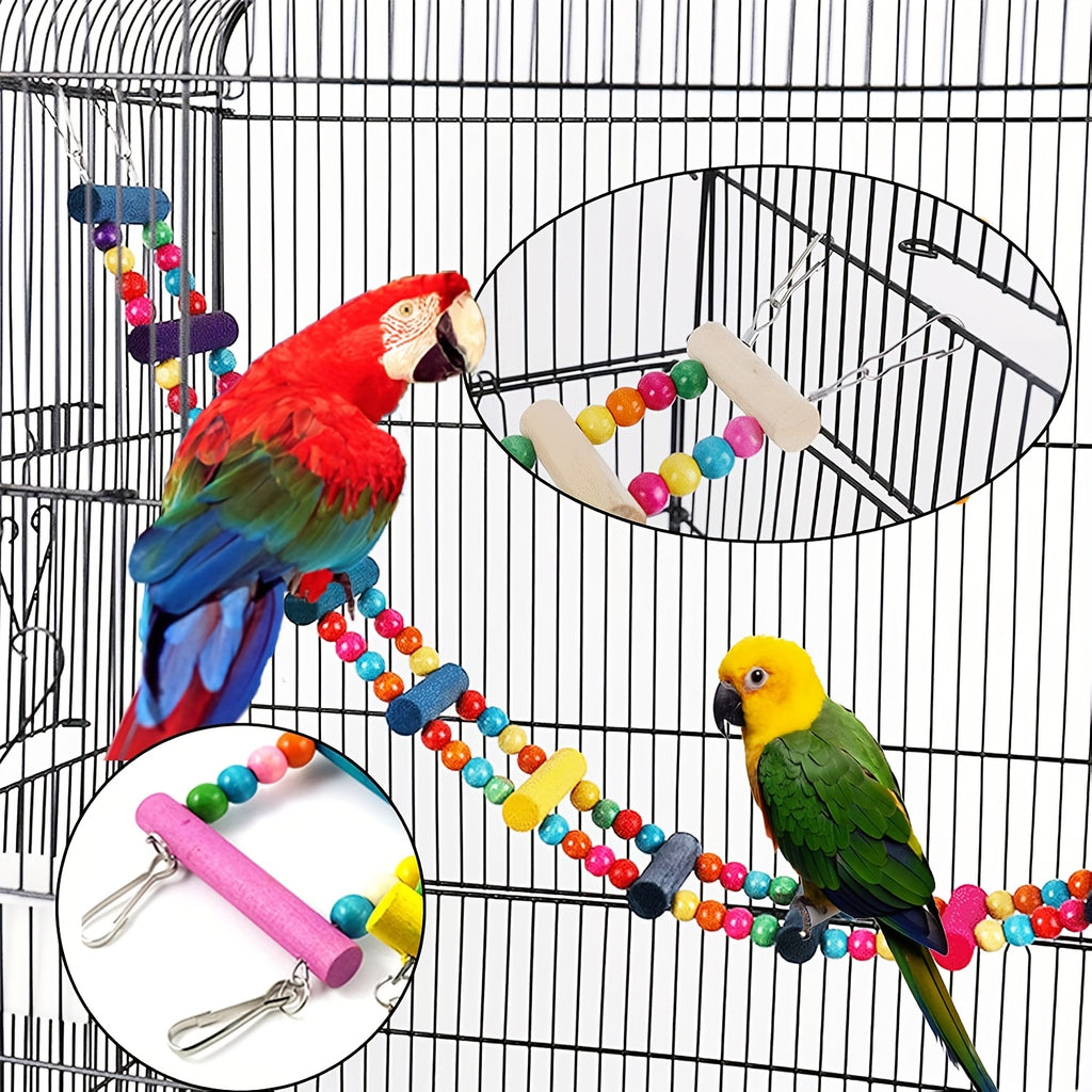 Bird Toys 15-Piece Wooden Swing and Climbing Gym Set with Hanging Bells, Hammock and Ladders for Supervised Parrot Cage Enrichment